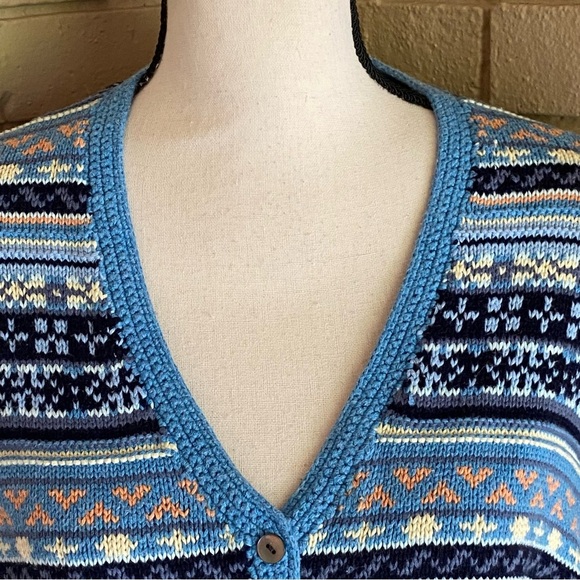 VINTAGE Eddie Bauer Women Cotton Sweater Fair Isle Cardigan V Neck 90s Sz Large - Picture 2 of 7
